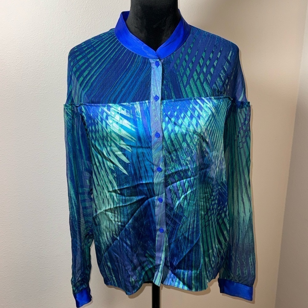 Elie Tahari‎ 100% Silk vibrant blue aqua button up mandarin collar top blouse L